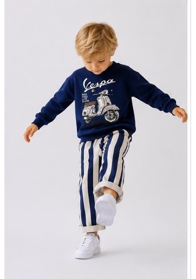 Baskılı Erkek Çocuk Sweatshirt & Lacivert Çizgili Eşofman Altlı Alt Üst Takım