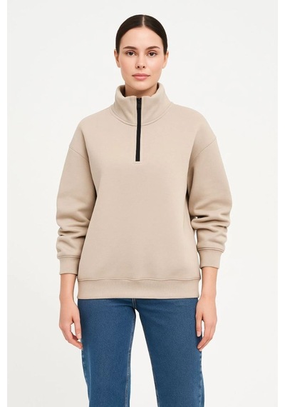 Kadın 3 İplik Dık Yaka Yarım Fermuarlı Sweatshirt - Bej