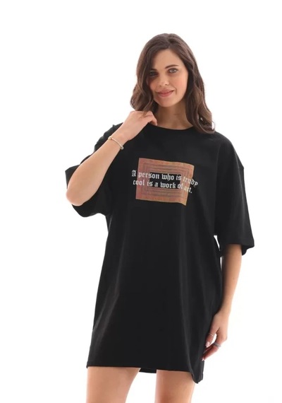 Modi Unisex Bisiklet Yaka Baskılı Oversize T-shirt - Siyah - Mymg112555
