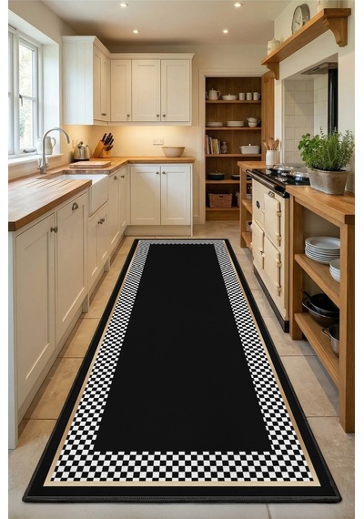 Süslü Kitchen Ortasi Siyah Yazisiz Yıkanabilir Mutfak Halısı