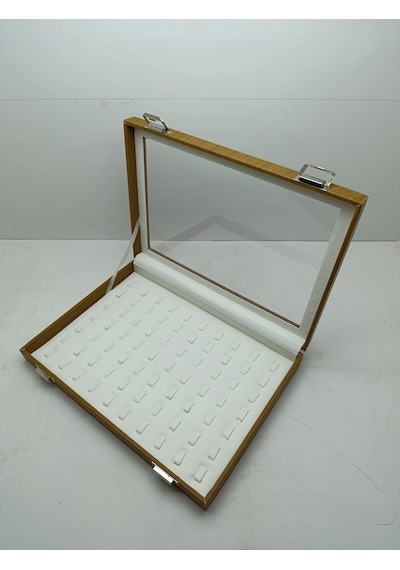 Yeni Cam Kapaklı Deri Kumaş Kahve-krem Renk 34 Cm / 24 Cm Tırnaklı Yüzük Tablası