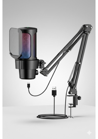 Usb Rgb Kondansatör Mikrofon + Boom Kol Stand Seti Mute Tuşlu Gürültü Azaltma Siyah