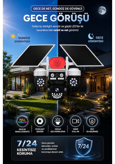 3 Kameralı Wifi 9mp Çift Solar Panelli Sürekli Kayıt Teknolojili Gece Görüşlü Güvenlik Kamerası