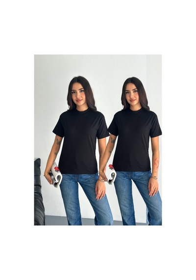 Fiolin Kadın Siyah Dik Yaka 2'li Paket %100 Pamuk Basic Örme T-shirt