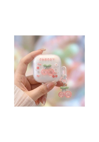 Caseonn Xiaomi Redmi Buds 6 Play Kılıf Transparan Tatlı Kiraz Süsleme Kiraz Çiçeği Pembe