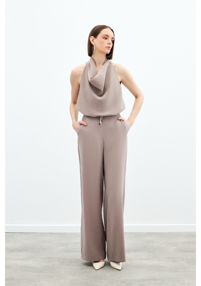 Sateen Örgü Kemerli Pantolon - Vizon-136167 Vizon
