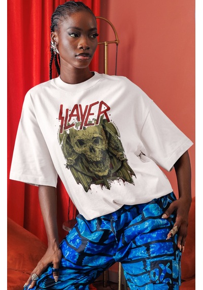 Slayer Rock Metal Müzik Grubu Ön Baskılı Unisex Oversize Tişört Beyaz