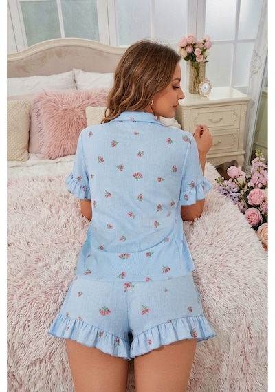 Bella Notte Mavi Lale Desenli Kısa Kollu Düğmeli Şortlu Pijama Takımı Lacivert