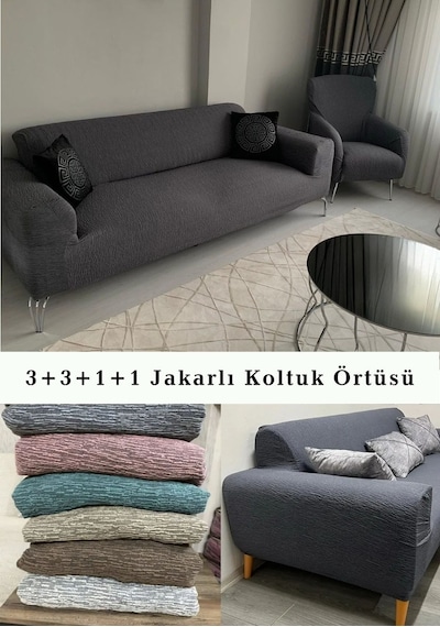 StartMall Jakarlı Çubuk Desen Koltuk Örtüsü 3+3+1+1 Takımı Lastikli Esnek Yıkanabilir Çekyat Kanepe Kılıfı Antrasist