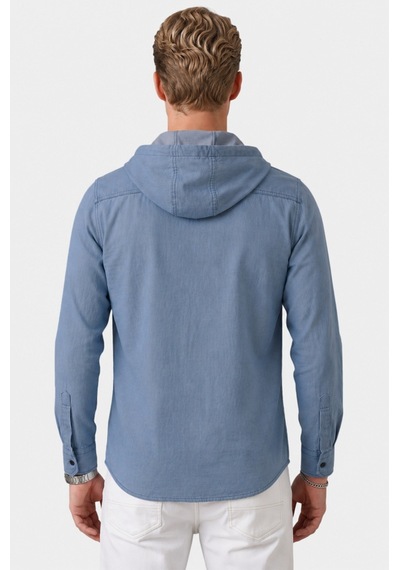 Deep Sea Deepsea Koyu Mavi Kapüşonlu Likralı Kot Gömlek Slim Fit Çıt Çıt Kapamalı Erkek Gömlek 2300396
