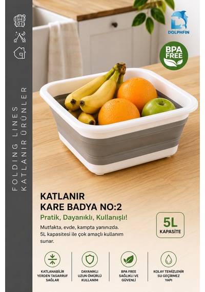 Katlanır Badya 5 Lt Mutfak Hazırlık Ve Hamur Yoğurma Kabı Beyaz - Gri