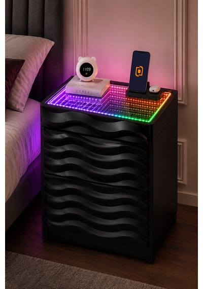 Komodin 3d Led Işıklı Kumandalı Rgb Ledli Modern - Siyah Renk