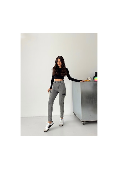 Kene Jeans Kadın Kar Siyah Kargo Cep Dar Paça Siyah