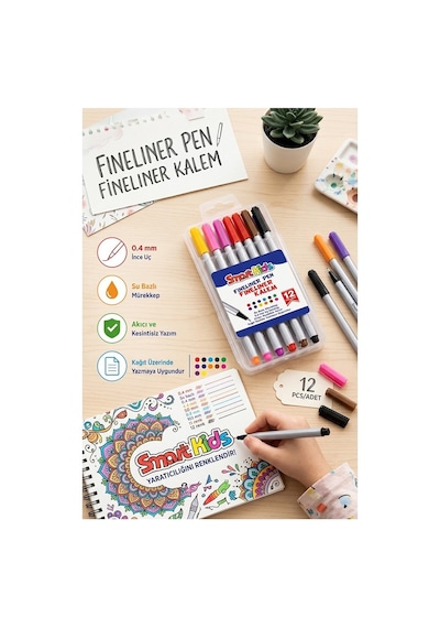12 Renk Fineliner Kalem 0.4 Mm İnce Keçe Uçlu Kalem 1 Paket Smart Kids Fineliner Keçe Uçlu Kalem Seti Çok Renkli