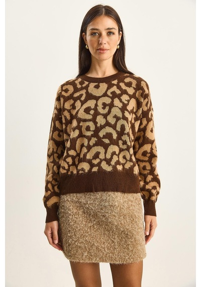 Shade Kadın Leopar Desenli Bisiklet Yaka Şardonlu Basic Triko Kazak 60285010 - Kahverengi-camel Çok renkli