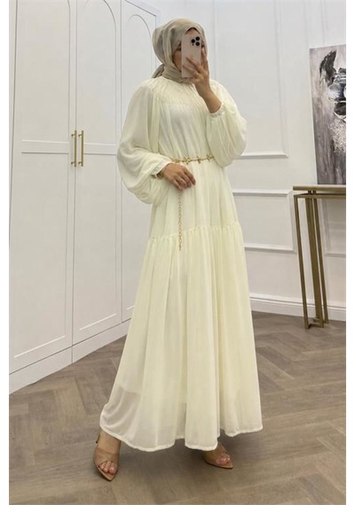 Neşeli Butik Kadın Beyaz Balon Kol Astarlı Kuşak Detaylı Şifon Tesettür Elbise ---- Nms095 Neşeli Butik Kadın Beyaz Balon Kol Astarlı Kuşak Detaylı Şifon Tesettür Elbise ---- Nms095