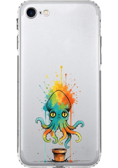 Apple Uyumlu iPhone Se 2020 İle  Splash Ahtapot Tasarımlı Kamera Korumalı Şeffaf Silikon Kılıf 051a