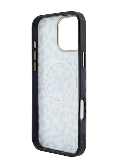 Apple Uyumlu iPhone 16 Pro Max Kılıf Guess Lisanslı M-safeli Üçgen Logolu Simli Leopar Desenli Kapak Siyah