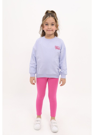 Toontoy Kids Toontoy Kız Çocuk 2'li Takım Baskılı Bisiklet Yaka Düşük Omuz Sweatshirt & Basic Düz Tayt Açık Lila