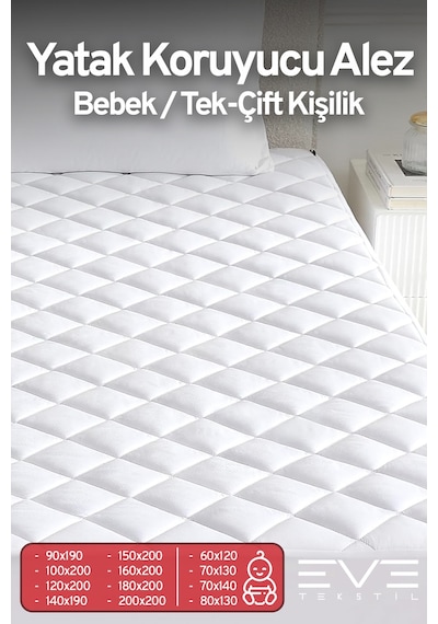 %100 Doğal Pamuk Kapitone Fitted Koruyucu Bebek - Tek - Çift Kapitoneli Yatak Koruyucu Alez Beyaz