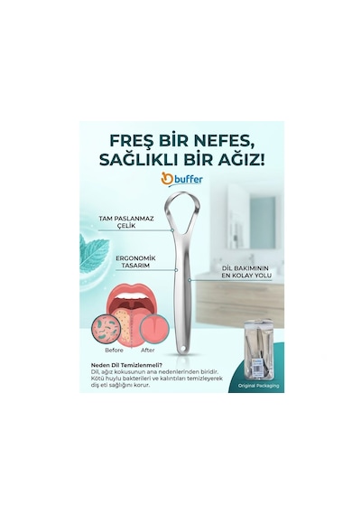 Paslanmaz Çelik Dil Temizleyici Ve Sıyırıcı 3 Parça Orta Sertlikte Fırça Kılı