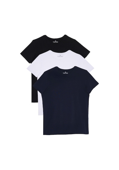 Tudors Unisex 3'lü Paket Siyah-beyaz-lacivert Slim Fit Dar Kesim %100 Pamuk Bisiklet Yaka Tişört-34857 Multi