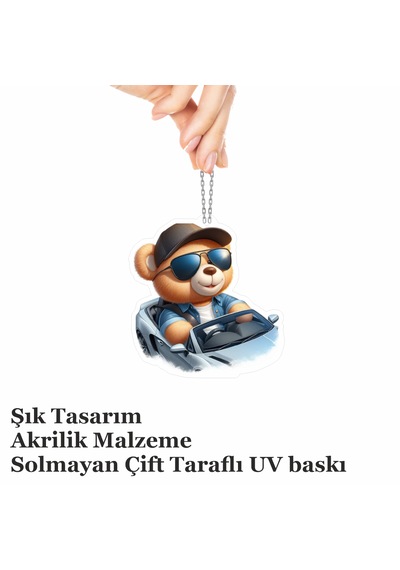 Araba Ayna Süsü, Araba Süsü, Çanta Aksesuarı - Arabalı Ayı - Pleksi Malzeme, Uv Baskılı - 016 8x6 Cm