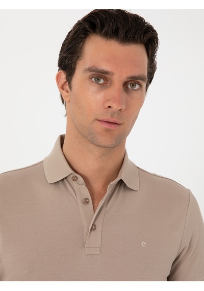 Koyu Bej Slim Fit Polo Yaka Pamuklu Basic T-shirt