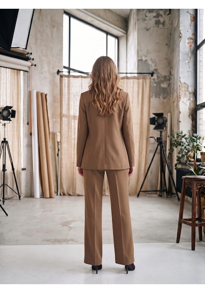 Prenses Kadın Yüksek Bel Kemerli Blazer Ceket Takım Camel