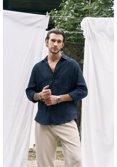 Mai Collection Mai Studios Co. Ombretta Lacivert Keten Oversize Erkek Gömlek Lacivert