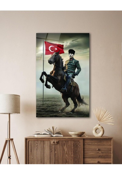 Atatürk Portre Ve Türk Bayrağı Cam Tablo Modern Ev Ofis Salon Hediyelik Büyük Tablo Duvar Dekoru
