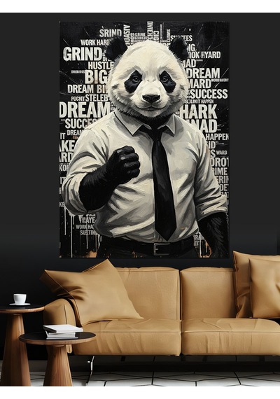 Ahşap Tablo Motivasyon Yazıları Fonlu Panda Siyah Beyaz