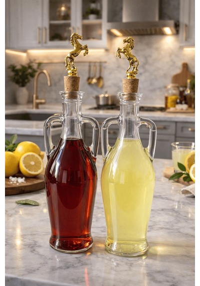 2'li Amfora Model At Mantar Tıpalı Cam Yağ Şişesi - 750ml. Şeffaf Sirke Limon Suyu Şişesi - Altın Şahlanan At Şeffaf