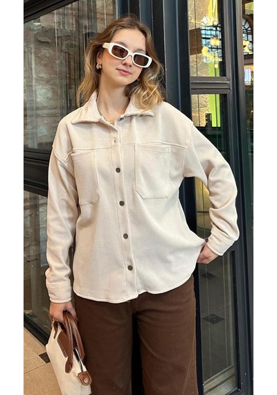 Madmext Bej Cep Detaylı Kadın Gömlek Mg2241 Bej