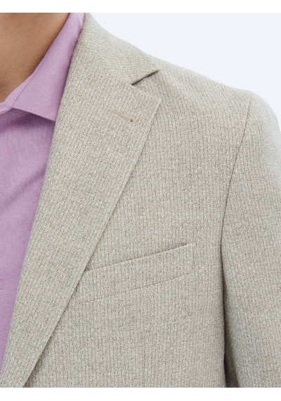 Kip Açık Haki Desenli Modern Fit Keten Karışımlı Ceket Açık Haki