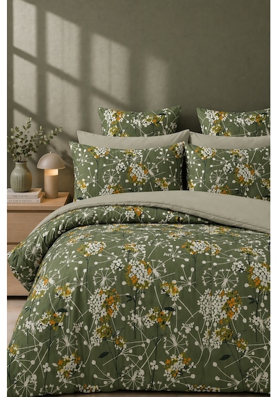 More Home Tek Kişilik Yorgan Kılıfı + Yastık Kılıfı Floral Yeşil Beyaz