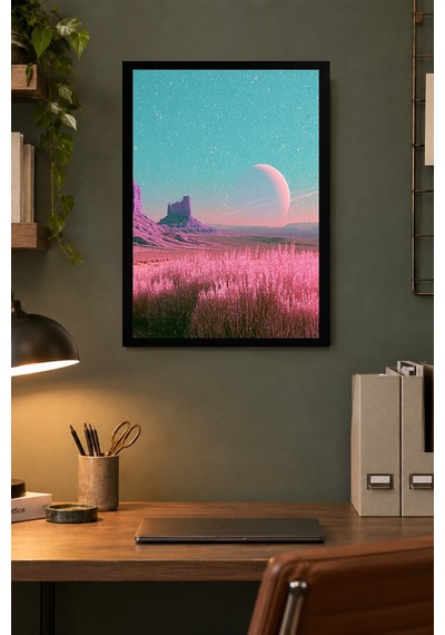 Pembe Mor Ay Manzarası Desenli Dekoratif Mdf Tablo, Çerçeve Görünümlü Ahşap Poster