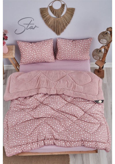Star Pembe Desenli Çift Kişilik Çift Taraflı Wellsoft Yorgan Seti - Pembe - 195x215