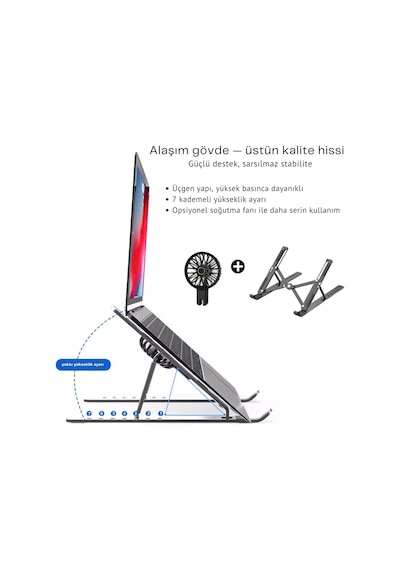 Shopytech Fanlı Katlanır Laptop Notebook Standı 7 Kademeli Yükseklik Alüminyum Alaşım 16 İnc Uyumlu