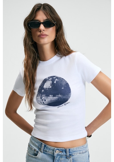 Grımelange ATHEA Kadın Bisiklet Yaka Kısa Kollu Önü Baskılı Slim Beyaz / Desenli T-Shirt