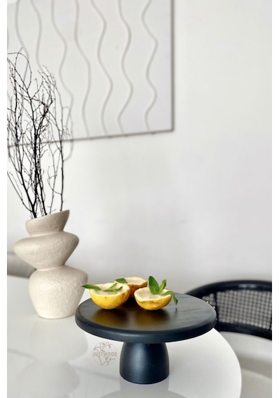 Lucca Siyah 25 Cm Ahşap 10 Cm Ayaklı Yuvarlak Pasta Sunum Tabağı