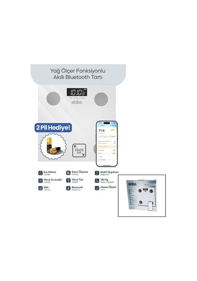 Sinbo Sbs-4472 Akıllı Cam Baskül 26x26cm 180kg/50gr 8-kişi Hafıza Beyaz Pilli Yağ Ölçer Bluetooth Diğer