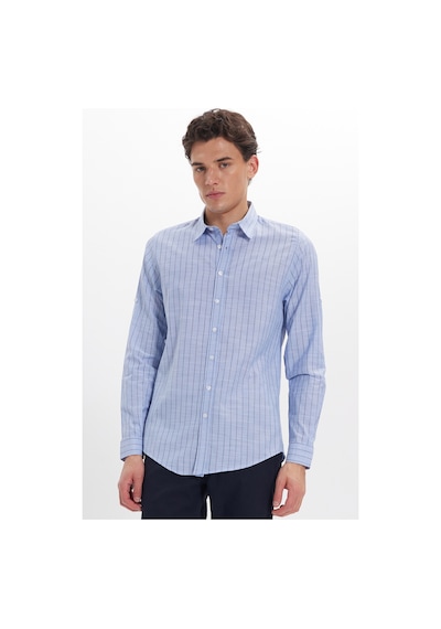 Tudors Erkek Slim Fit Dar Kesim Uzun Kollu %100 Pamuk Keten Doku Çizgili Gömlek-42648 Mavi