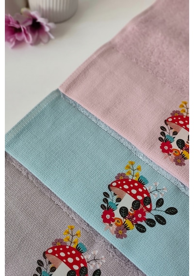 3'lü Dijital Baskılı Mantar Desenli Bambu Havlu Takımı - El & Yüz & Mutfak Havlusu - 30x50 Cm Mavı Krem