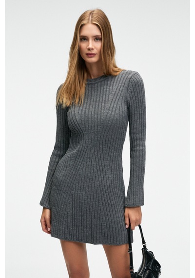 Grımelange ENCANTO Kadın Yuvarlak Yaka Çizgi Desenli Slim Fit Antrasit Elbise
