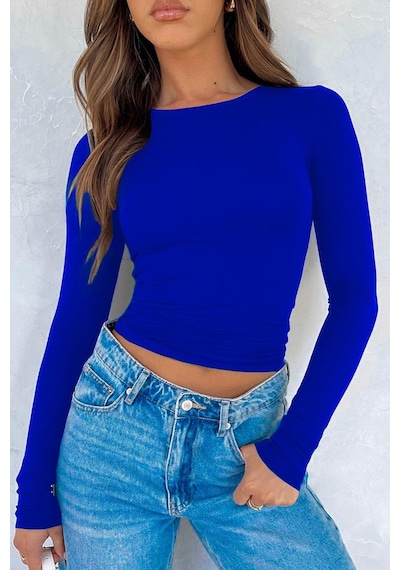 Madmext Saks Bisiklet Yaka Basic Uzun Kollu Bluz Mg1701
