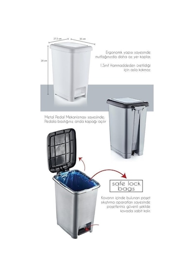 Omnipazar Sy4280 Slim Pedallı Gri Plastik Çöp Kovası Siyah 10 L Siyah