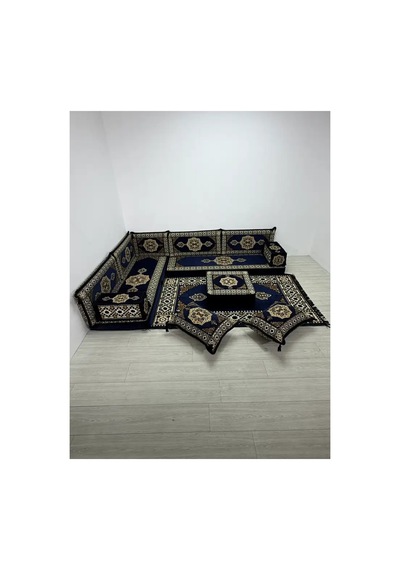 Güneş Modeli Lacivert Otantik Şark Köşesi Takımı L Set - Geleneksel Yer Minderi Seti 10 Cm Minder Kalınlığı 13 Parça