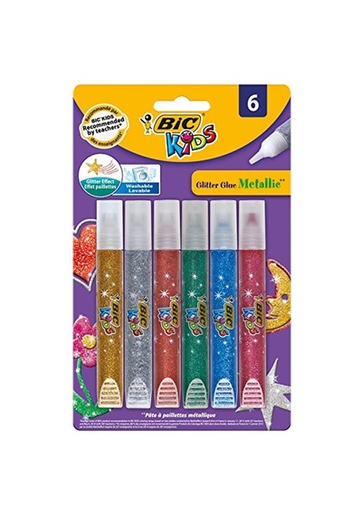 Bıc Kids Metalik Simli Yapıştırıcı 6'lı Blister, Su Bazlı Simli Yapıştırıcı, Çoğu Kumaştan Kolayca Çıkar