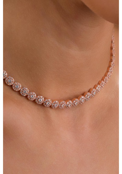 Gümüş Rose Gold Kaplama Beyaz Zirkon Taşlı Pırlanta Modeli Su Yolu Choker Tasma Kolye Rose